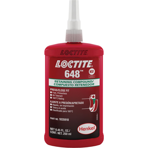 Loctite&reg; 648 Retaining Compound, 250 ml, Bottle, Green Distribution Jean Lapalme