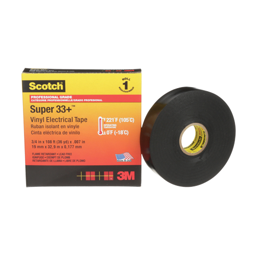Ruban isolant en vinyle Super 33+ Scotch, 19 mm (3/4") x 33 m (108'), Noir, 7 mils Distribution Jean Lapalme