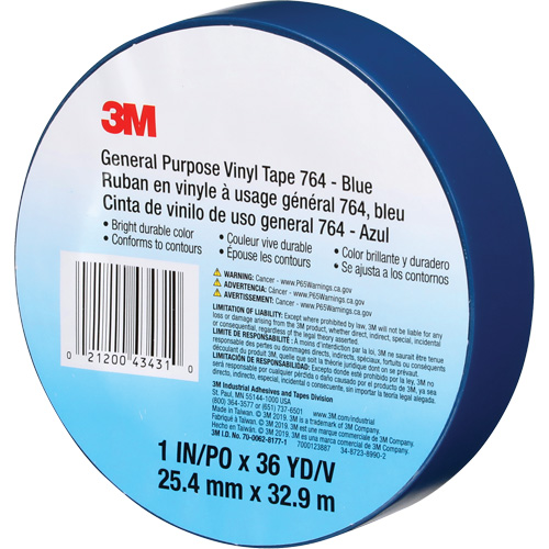 Ruban en vinyle pour travaux g&eacute;n&eacute;raux 764, 25,4 mm (1") la x 32,9 m (108') lo, 5 mils, Bleu Distribution Jean Lapalme