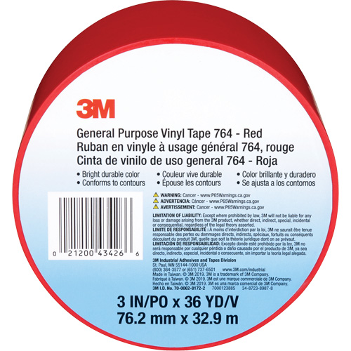 764 General-Purpose Vinyl Tape, 76 mm (3") W x 32.9 m (108') L, 5 mils, Red Distribution Jean Lapalme