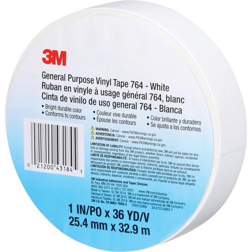 Ruban en vinyle pour travaux g&eacute;n&eacute;raux 764, 25,4 mm (1") la x 32,9 m (108') lo, 5 mils, Blanc Distribution Jean Lapalme