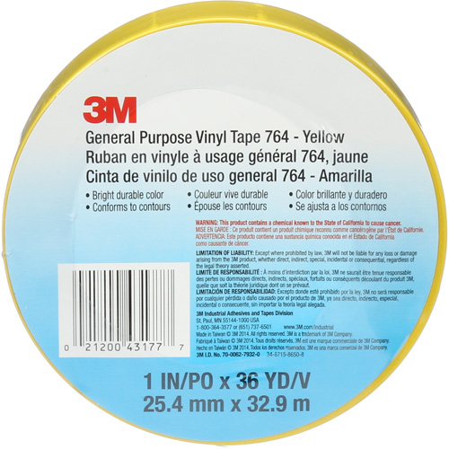 Ruban en vinyle pour travaux g&eacute;n&eacute;raux 764, 25,4 mm (1") la x 32,9 m (108') lo, 5 mils, Jaune Distribution Jean Lapalme
