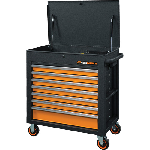 Chariot &agrave; outils s&eacute;rie GSX avec dessus inclin&eacute;, 7 tiroirs, 35" lo x 20" la x 39" h, Noir/Orange Distribution Jean Lapalme