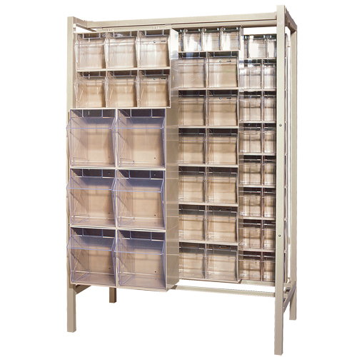 Syst&egrave;me de stockage &agrave; glissi&egrave;re &agrave; bacs basculants autonome, 51-1/4" la x 26" p x 77" h, 101 tiroirs Distribution Jean Lapalme