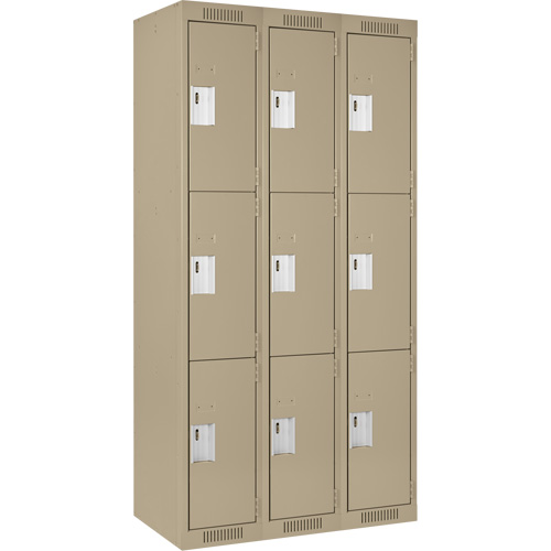 Clean Line Lockers, 3 -tier, Bank of 3, 36" x 18" x 72", Steel, Beige, Rivet (Assembled) Distribution Jean Lapalme