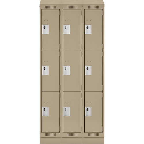 Clean Line Lockers, 3 -tier, Bank of 3, 36" x 18" x 82", Steel, Beige, Rivet (Assembled) Distribution Jean Lapalme