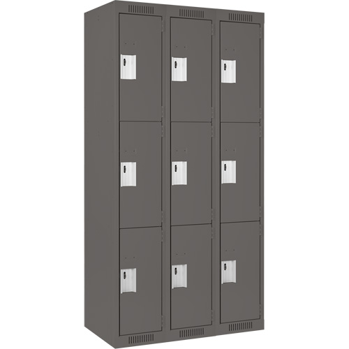 Clean Line Lockers, 3 -tier, Bank of 3, 36" x 18" x 72", Steel, Charcoal, Rivet (Assembled) Distribution Jean Lapalme