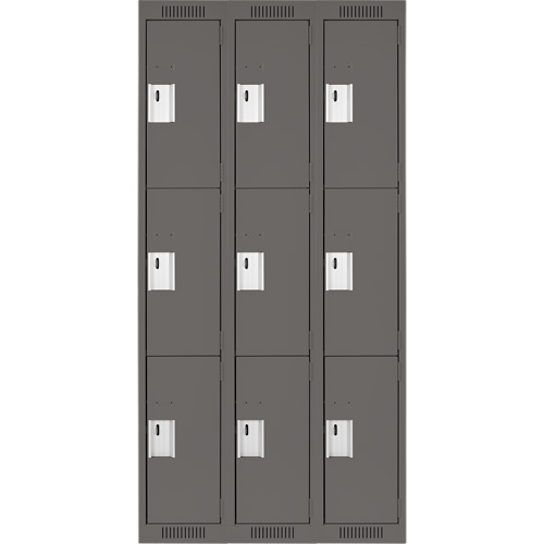Clean Line Lockers, 3 -tier, Bank of 3, 36" x 18" x 72", Steel, Charcoal, Rivet (Assembled) Distribution Jean Lapalme