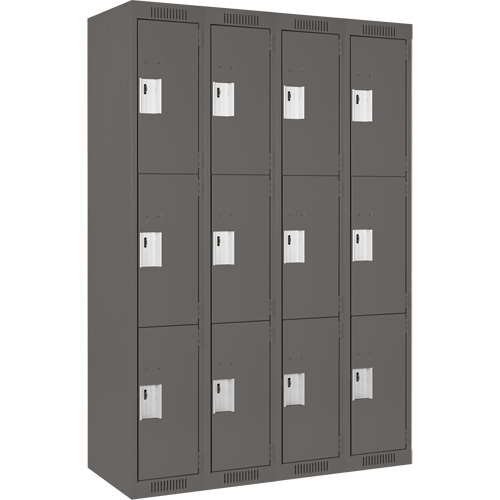 Clean Line Lockers, 3 -tier, Bank of 4, 48" x 18" x 72", Steel, Charcoal, Rivet (Assembled) Distribution Jean Lapalme