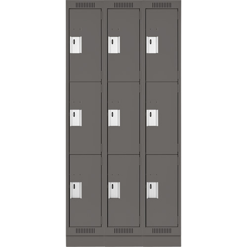 Clean Line Lockers, 3 -tier, Bank of 3, 36" x 18" x 76", Steel, Charcoal, Rivet (Assembled) Distribution Jean Lapalme