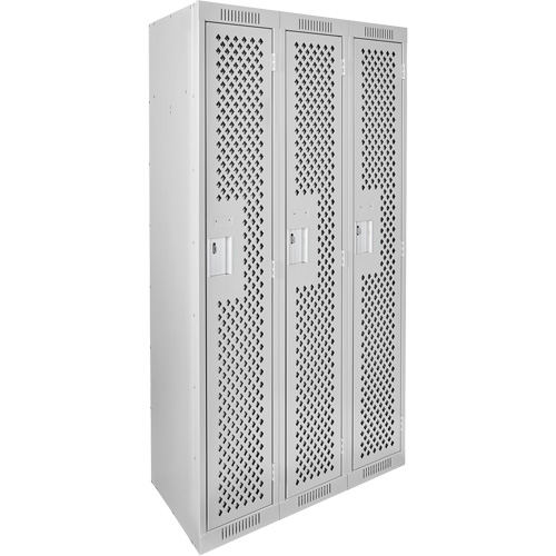 Clean Line Lockers, Bank of 3, 36" x 15" x 72", Steel, Grey, Rivet (Assembled), Perforated Distribution Jean Lapalme