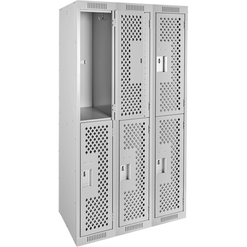 Clean Line Lockers, 2 -tier, Bank of 3, 36" x 12" x 72", Steel, Grey, Rivet (Assembled), Perforated Distribution Jean Lapalme