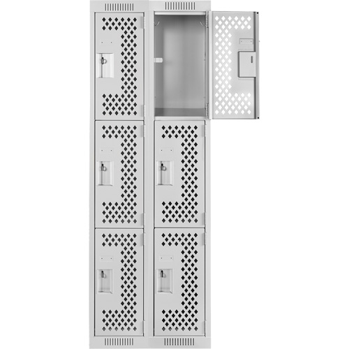 Clean Line Lockers, 3 -tier, Bank of 2, 24" x 12" x 72", Steel, Grey, Rivet (Assembled), Perforated Distribution Jean Lapalme