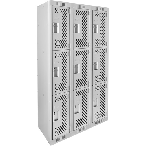 Clean Line Lockers, 3 -tier, Bank of 3, 36" x 12" x 72", Steel, Grey, Rivet (Assembled), Perforated Distribution Jean Lapalme