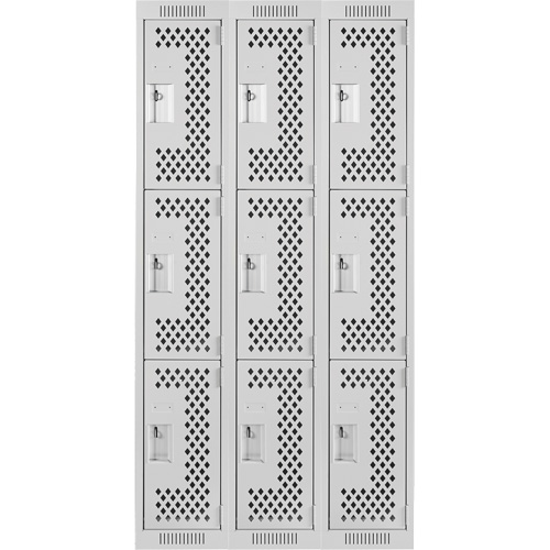 Clean Line Lockers, 3 -tier, Bank of 3, 36" x 12" x 72", Steel, Grey, Rivet (Assembled), Perforated Distribution Jean Lapalme