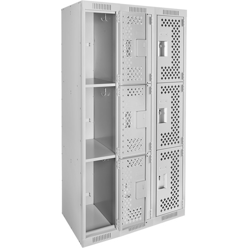 Clean Line Lockers, 3 -tier, Bank of 3, 36" x 12" x 72", Steel, Grey, Rivet (Assembled), Perforated Distribution Jean Lapalme