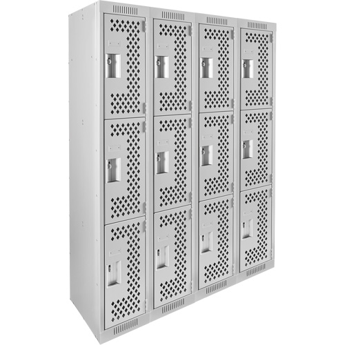 Clean Line Lockers, 3 -tier, Bank of 4, 48" x 12" x 72", Steel, Grey, Rivet (Assembled), Perforated Distribution Jean Lapalme