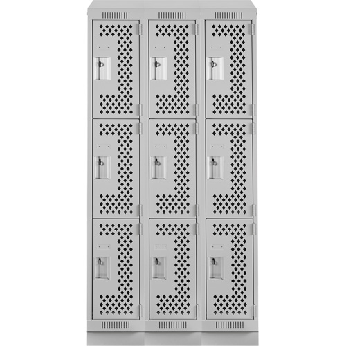 Clean Line Lockers, 3 -tier, Bank of 3, 36" x 18" x 82", Steel, Grey, Rivet (Assembled), Perforated Distribution Jean Lapalme