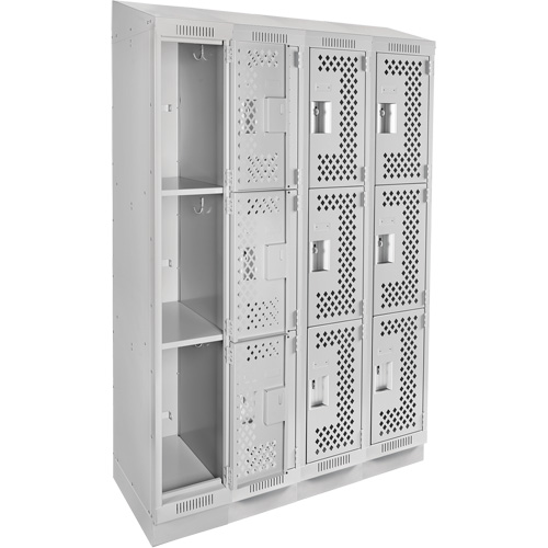 Clean Line Lockers, 3 -tier, Bank of 4, 48" x 18" x 82", Steel, Grey, Rivet (Assembled), Perforated Distribution Jean Lapalme