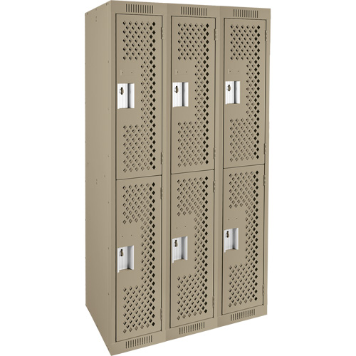 Clean Line Lockers, 2 -tier, Bank of 3, 36" x 12" x 72", Steel, Beige, Rivet (Assembled), Perforated Distribution Jean Lapalme