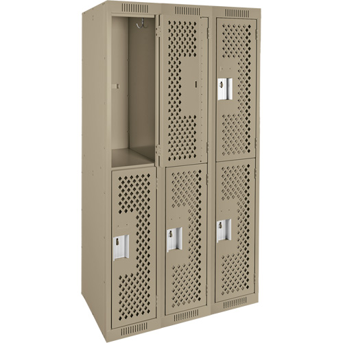 Clean Line Lockers, 2 -tier, Bank of 3, 36" x 12" x 72", Steel, Beige, Rivet (Assembled), Perforated Distribution Jean Lapalme