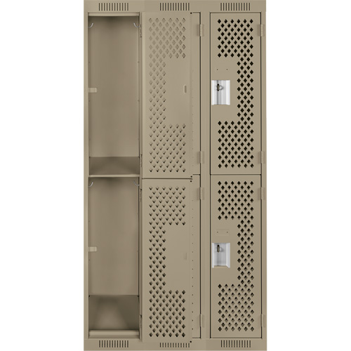 Clean Line Lockers, 2 -tier, Bank of 3, 36" x 12" x 72", Steel, Beige, Rivet (Assembled), Perforated Distribution Jean Lapalme