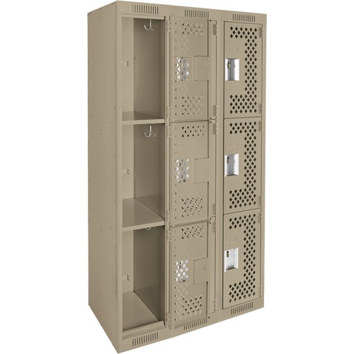 Clean Line Lockers, 3 -tier, Bank of 3, 36" x 12" x 72", Steel, Beige, Rivet (Assembled), Perforated Distribution Jean Lapalme