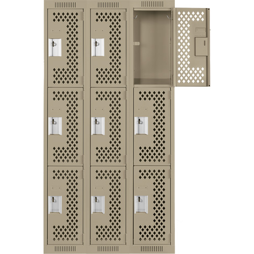 Clean Line Lockers, 3 -tier, Bank of 3, 36" x 12" x 72", Steel, Beige, Rivet (Assembled), Perforated Distribution Jean Lapalme