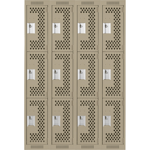Clean Line Lockers, 3 -tier, Bank of 4, 48" x 12" x 72", Steel, Beige, Rivet (Assembled), Perforated Distribution Jean Lapalme