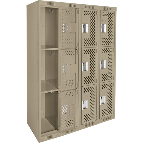 Clean Line Lockers, 3 -tier, Bank of 4, 48" x 12" x 72", Steel, Beige, Rivet (Assembled), Perforated Distribution Jean Lapalme