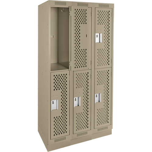 Clean Line Lockers, 2 -tier, Bank of 3, 36" x 12" x 76", Steel, Beige, Rivet (Assembled), Perforated Distribution Jean Lapalme