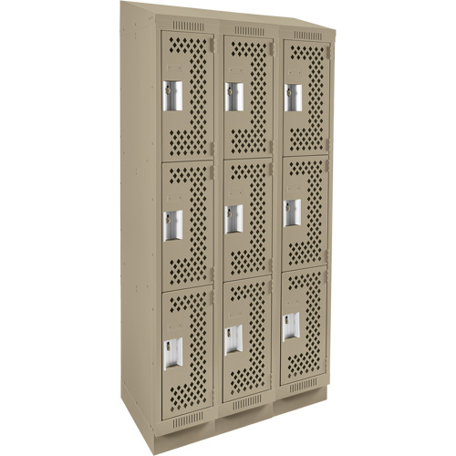Clean Line Lockers, 3 -tier, Bank of 3, 36" x 18" x 82", Steel, Beige, Rivet (Assembled), Perforated Distribution Jean Lapalme