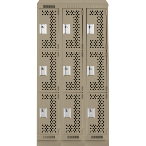 Clean Line Lockers, 3 -tier, Bank of 3, 36" x 18" x 82", Steel, Beige, Rivet (Assembled), Perforated Distribution Jean Lapalme