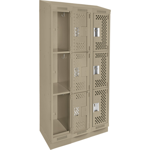 Clean Line Lockers, 3 -tier, Bank of 3, 36" x 18" x 82", Steel, Beige, Rivet (Assembled), Perforated Distribution Jean Lapalme