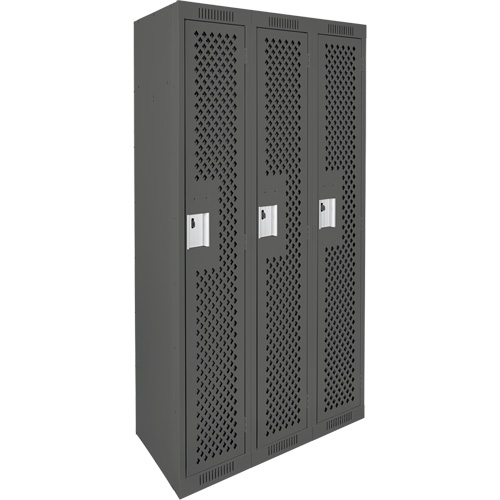 Clean Line Lockers, Bank of 3, 36" x 15" x 72", Steel, Charcoal, Rivet (Assembled), Perforated Distribution Jean Lapalme
