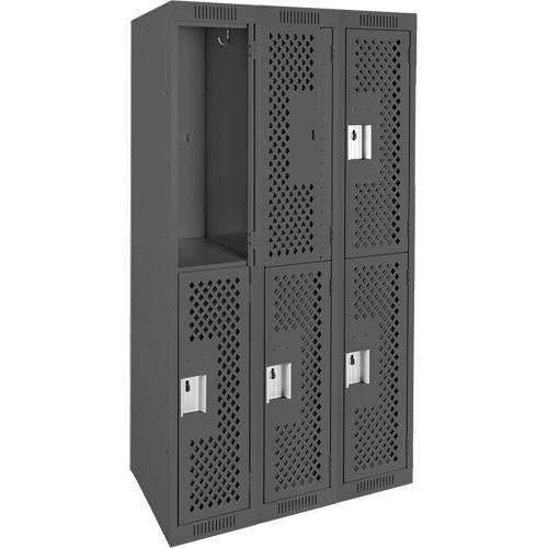 Clean Line Lockers, 2 -tier, Bank of 3, 36" x 12" x 72", Steel, Charcoal, Rivet (Assembled), Perforated Distribution Jean Lapalme
