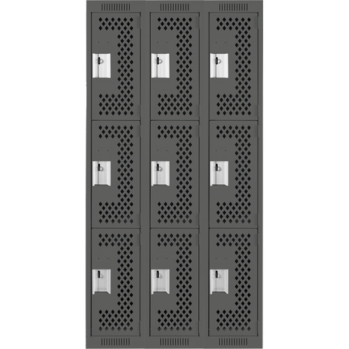 Clean Line Lockers, 3 -tier, Bank of 3, 36" x 12" x 72", Steel, Charcoal, Rivet (Assembled), Perforated Distribution Jean Lapalme