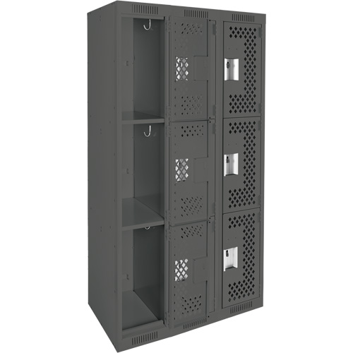 Clean Line Lockers, 3 -tier, Bank of 3, 36" x 12" x 72", Steel, Charcoal, Rivet (Assembled), Perforated Distribution Jean Lapalme