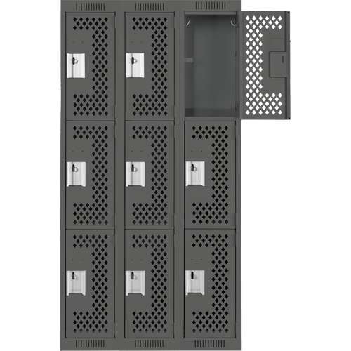 Clean Line Lockers, 3 -tier, Bank of 3, 36" x 12" x 72", Steel, Charcoal, Rivet (Assembled), Perforated Distribution Jean Lapalme