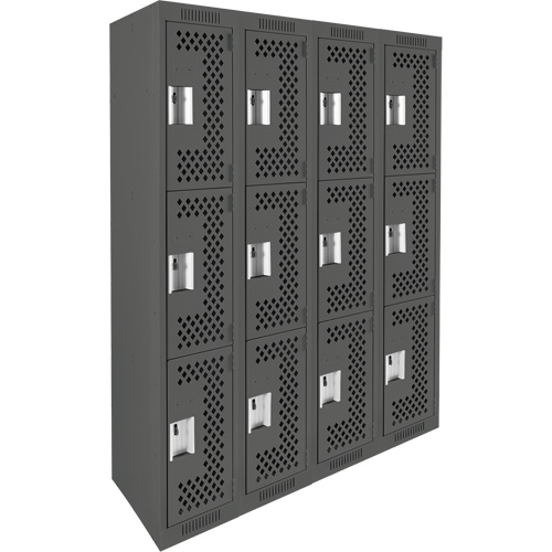 Clean Line Lockers, 3 -tier, Bank of 4, 48" x 12" x 72", Steel, Charcoal, Rivet (Assembled), Perforated Distribution Jean Lapalme