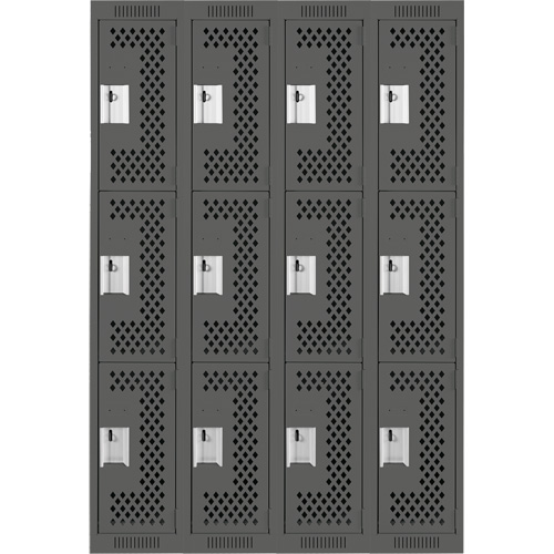 Clean Line Lockers, 3 -tier, Bank of 4, 48" x 12" x 72", Steel, Charcoal, Rivet (Assembled), Perforated Distribution Jean Lapalme