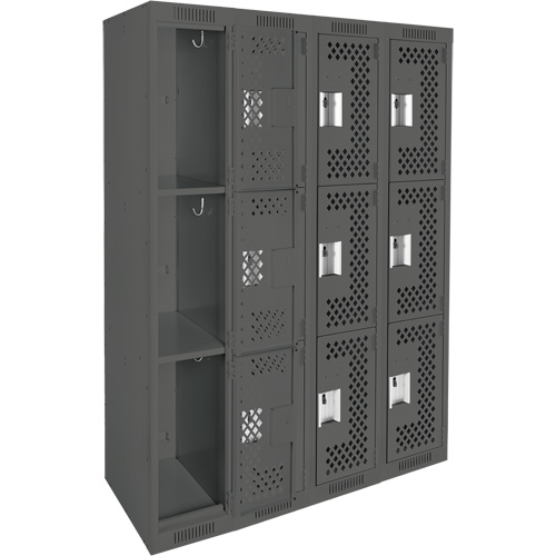 Clean Line Lockers, 3 -tier, Bank of 4, 48" x 12" x 72", Steel, Charcoal, Rivet (Assembled), Perforated Distribution Jean Lapalme