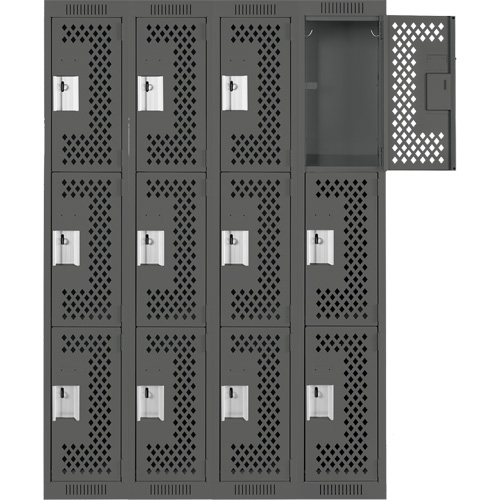 Clean Line Lockers, 3 -tier, Bank of 4, 48" x 12" x 72", Steel, Charcoal, Rivet (Assembled), Perforated Distribution Jean Lapalme