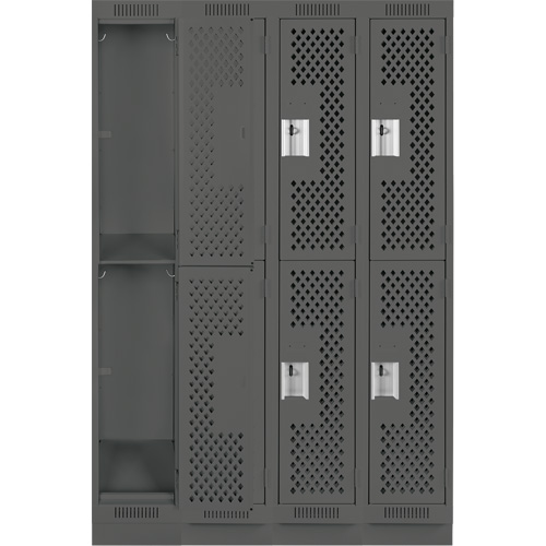 Clean Line Lockers, 2 -tier, Bank of 4, 48" x 12" x 76", Steel, Charcoal, Rivet (Assembled), Perforated Distribution Jean Lapalme