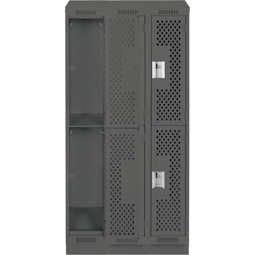 Clean Line Lockers, 2 -tier, Bank of 3, 36" x 15" x 82", Steel, Charcoal, Rivet (Assembled), Perforated Distribution Jean Lapalme