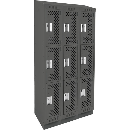 Clean Line Lockers, 3 -tier, Bank of 3, 36" x 18" x 82", Steel, Charcoal, Rivet (Assembled), Perforated Distribution Jean Lapalme
