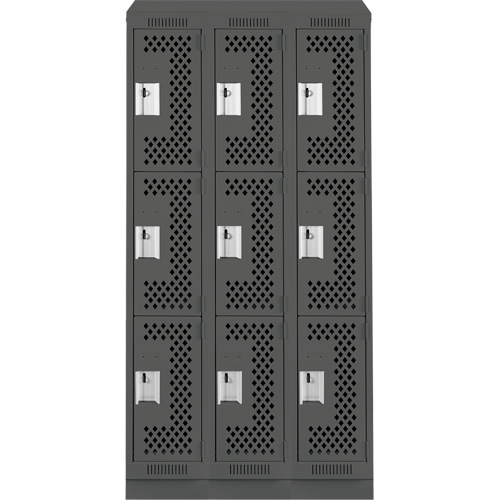 Clean Line Lockers, 3 -tier, Bank of 3, 36" x 18" x 82", Steel, Charcoal, Rivet (Assembled), Perforated Distribution Jean Lapalme