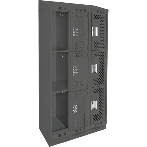 Clean Line Lockers, 3 -tier, Bank of 3, 36" x 18" x 82", Steel, Charcoal, Rivet (Assembled), Perforated Distribution Jean Lapalme