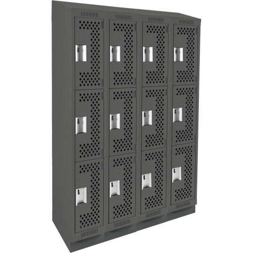 Clean Line Lockers, 3 -tier, Bank of 4, 48" x 18" x 82", Steel, Charcoal, Rivet (Assembled), Perforated Distribution Jean Lapalme
