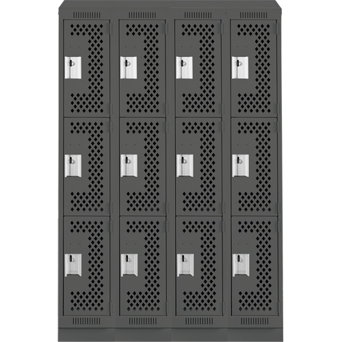 Clean Line Lockers, 3 -tier, Bank of 4, 48" x 18" x 82", Steel, Charcoal, Rivet (Assembled), Perforated Distribution Jean Lapalme